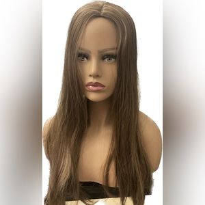 Women hair topper wig light brown long straight wig synthetic (26 inches long)